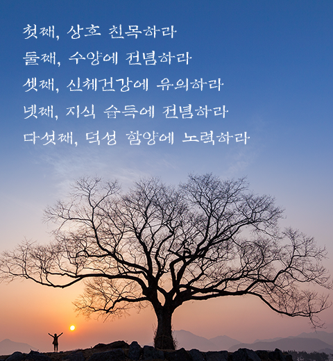 첫째, 상호 친목하라. 둘째, 수양에 전념하라. 셋째, 신체건강에 유의하라. 넷째, 지식 습득에 전념하라. 다섯째, 덕성 함양에 노력하라