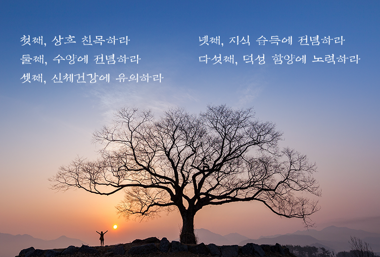 첫째, 상호 친목하라. 둘째, 수양에 전념하라. 셋째, 신체건강에 유의하라. 넷째, 지식 습득에 전념하라. 다섯째, 덕성 함양에 노력하라